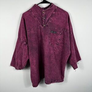 Ezze Wear Vintage Acid Wash Henley Shirt Burgundy Purple Raw Hem Unisex Sz XL